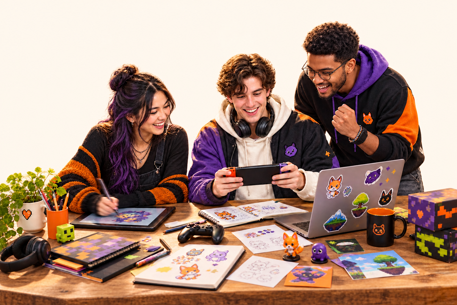 Three fictional Bhippi developers creating and playing a game together