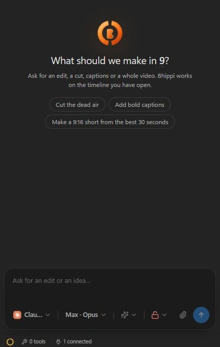 Actual Bhippi chat panel showing conversational video editing controls