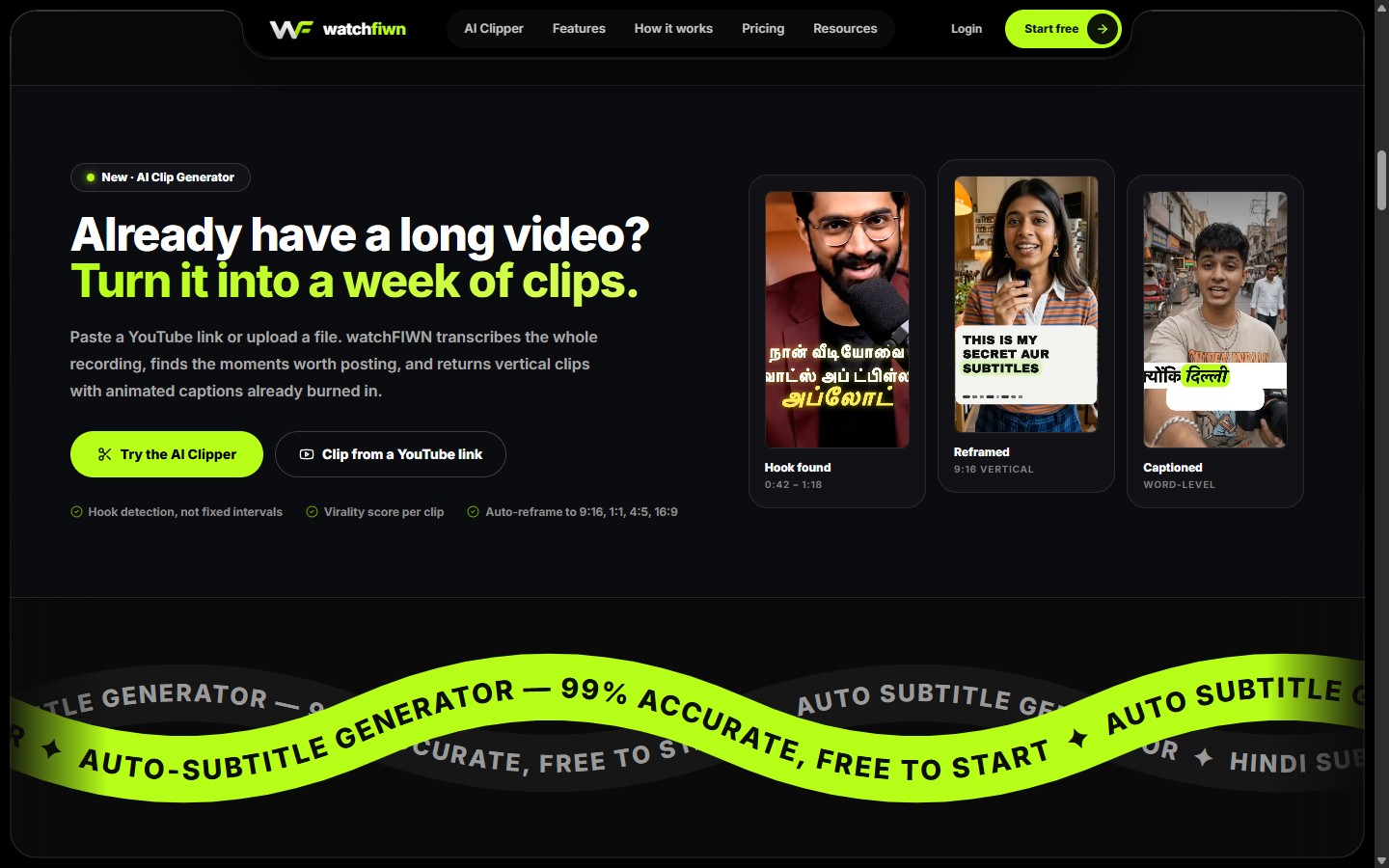 WatchFIWN AI Clip Generator section with three vertical clips labelled Hook found, Reframed and Captioned