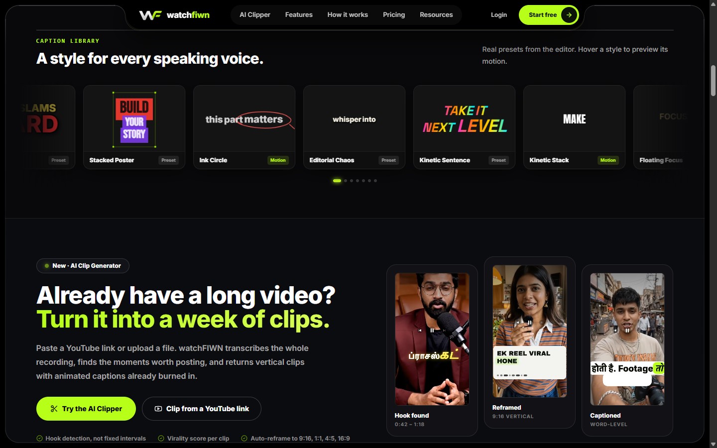 WatchFIWN caption library showing style presets such as Stacked Poster, Ink Circle and Kinetic Sentence