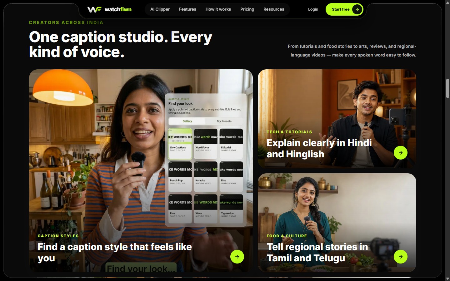 Creators section showing caption styles, tech tutorials in Hindi and Hinglish, and food stories in Tamil and Telugu