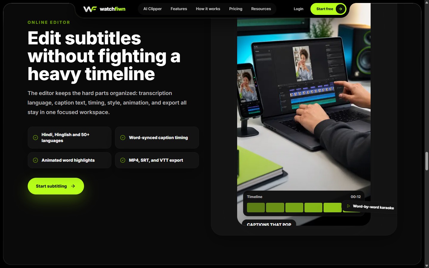 WatchFIWN online editor section listing Hindi, Hinglish and 50+ languages, word-synced timing, animated highlights and MP4, SRT and VTT export