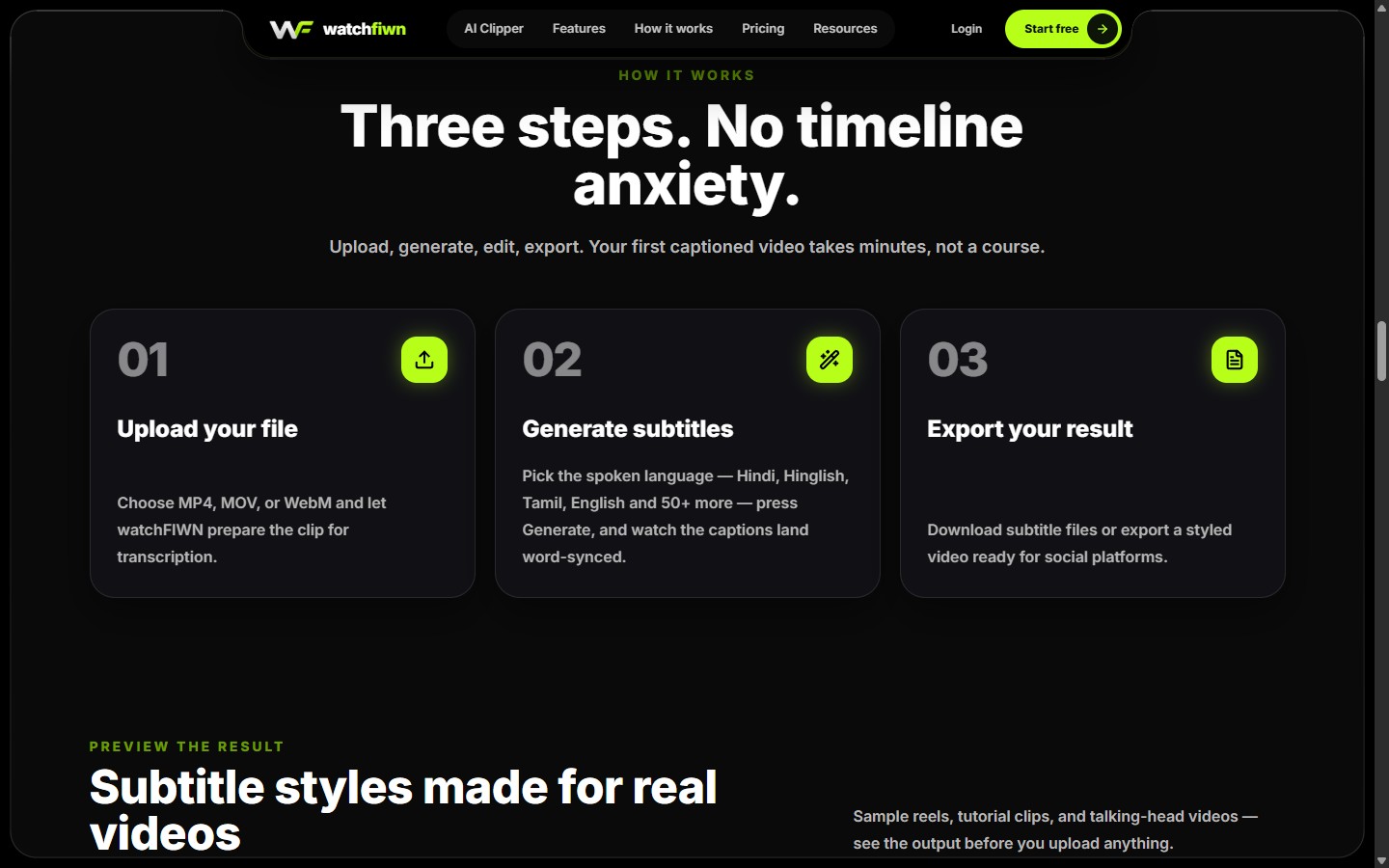 Three step cards: Upload your file, Generate subtitles, Export your result